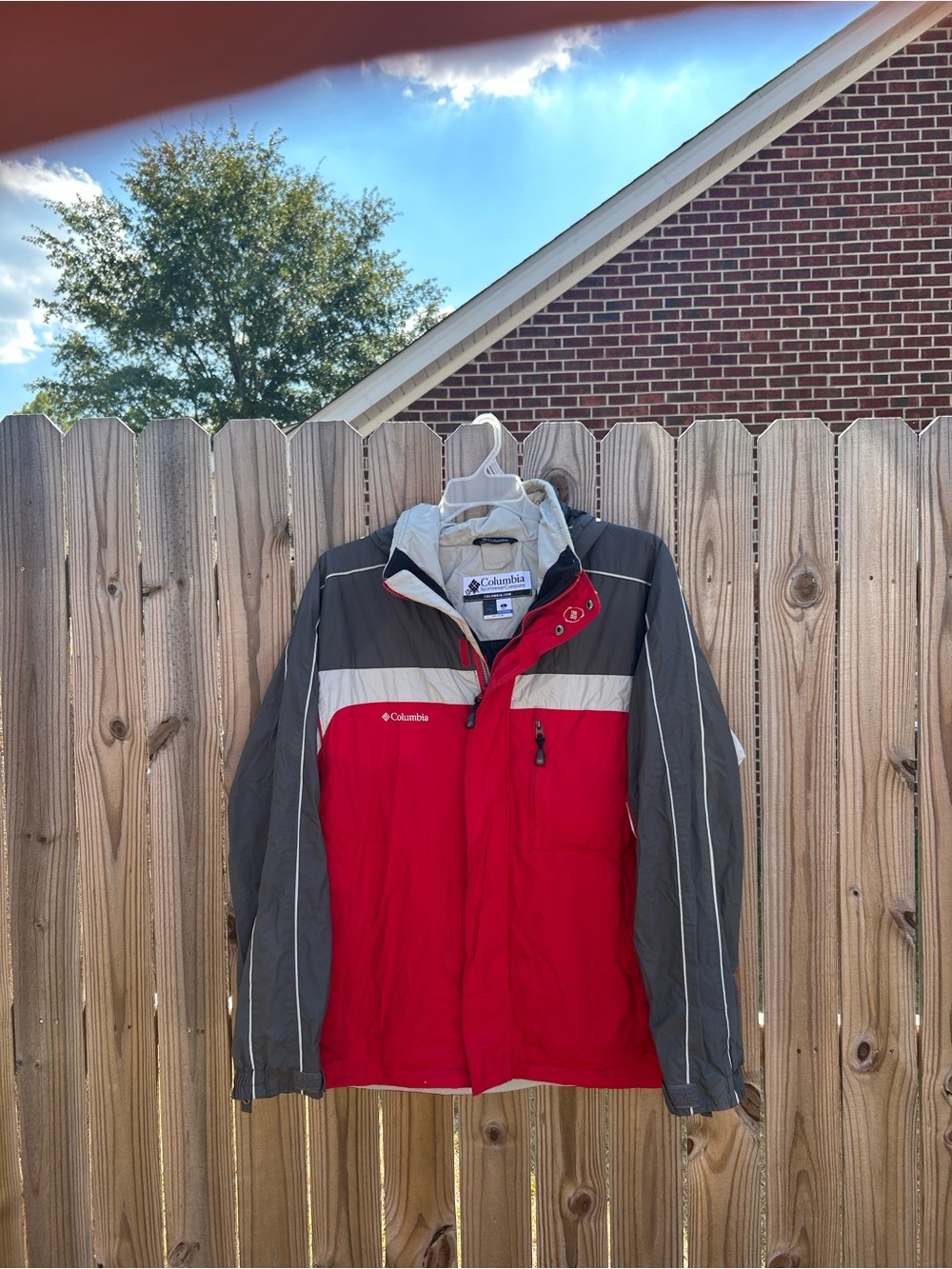 Columbia Men’s Red and Gray Rain Jacket with White Accent